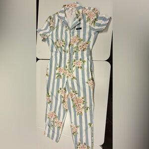 RVCA Blue and White Floral Jumpsuit